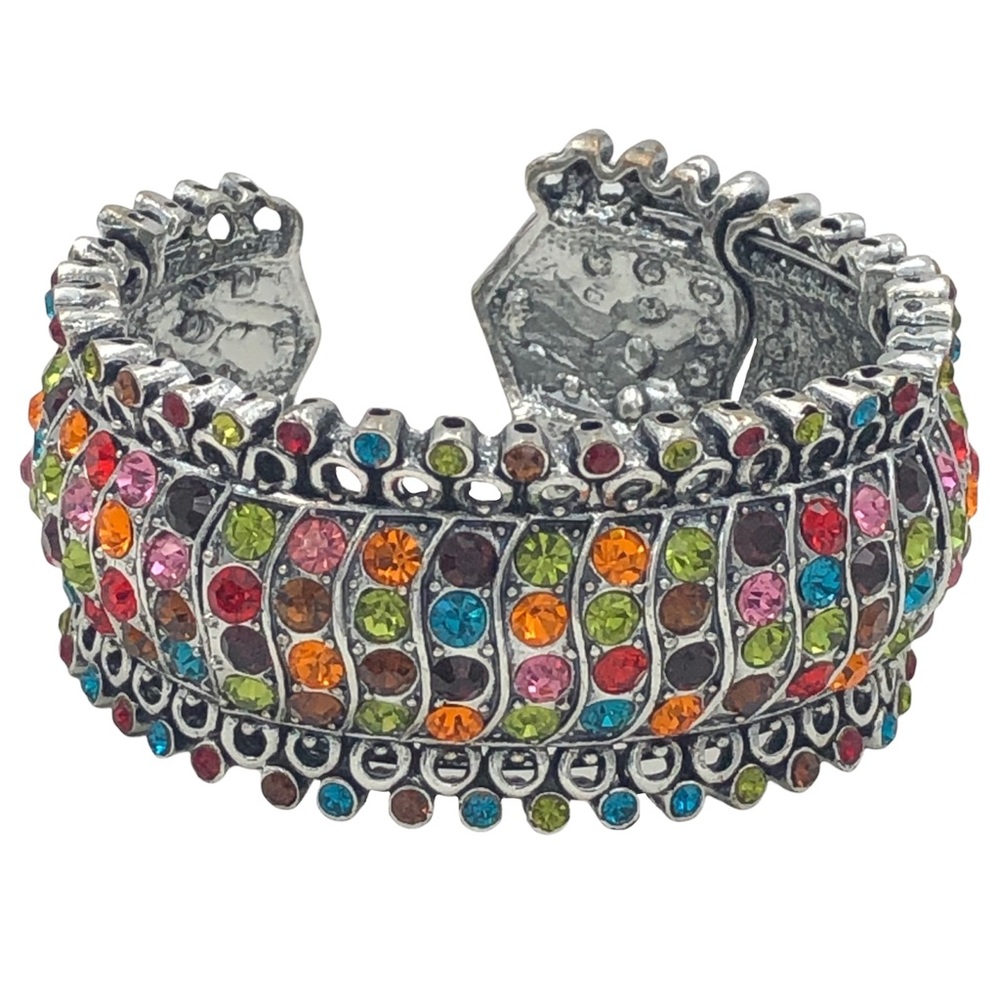 Multicolor Rhinestone Silver Chunky Statement Wide Large Cuff Bangle Bracelet